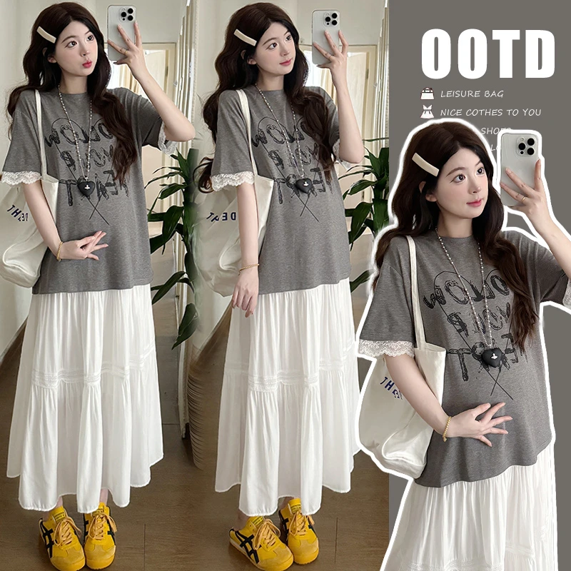 孕妇装夏装2025新款时尚款韩版短袖T恤上衣宽松休闲猪鼻扣半身裙