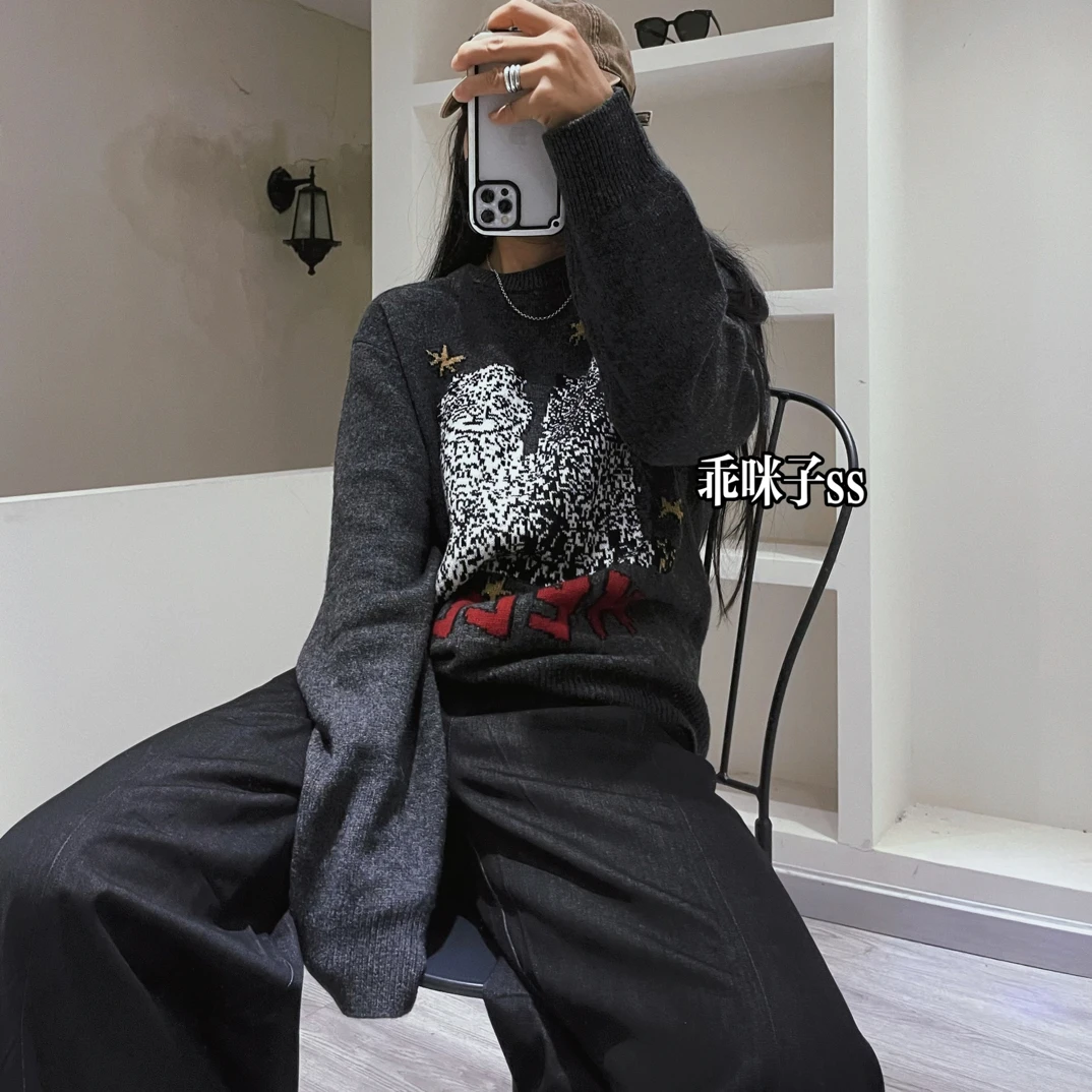 新款欧货小众设计风格圆领正肩小版小猫提花羊毛质感羊毛减龄毛衣