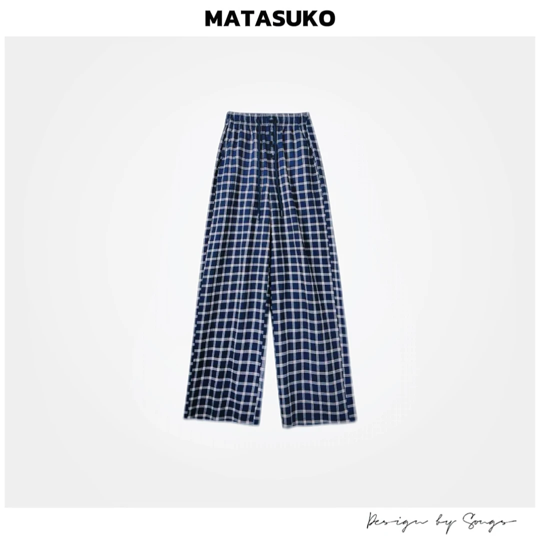 Matasuko 蓝米格子 微弹力棉面料 纽扣抽绳休闲裤