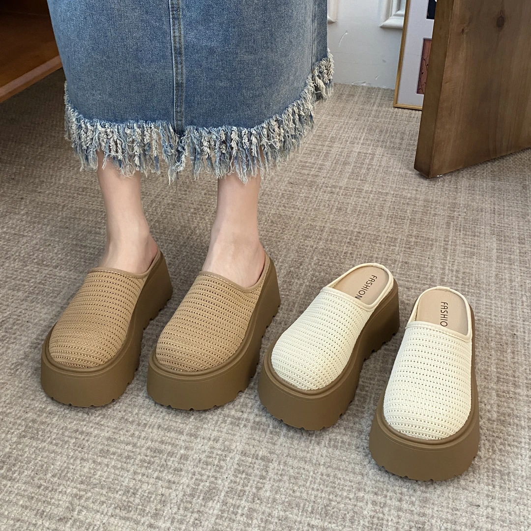 贾不假包头半拖鞋女款2025新款夏季百搭镂空小个子厚底透气凉拖鞋