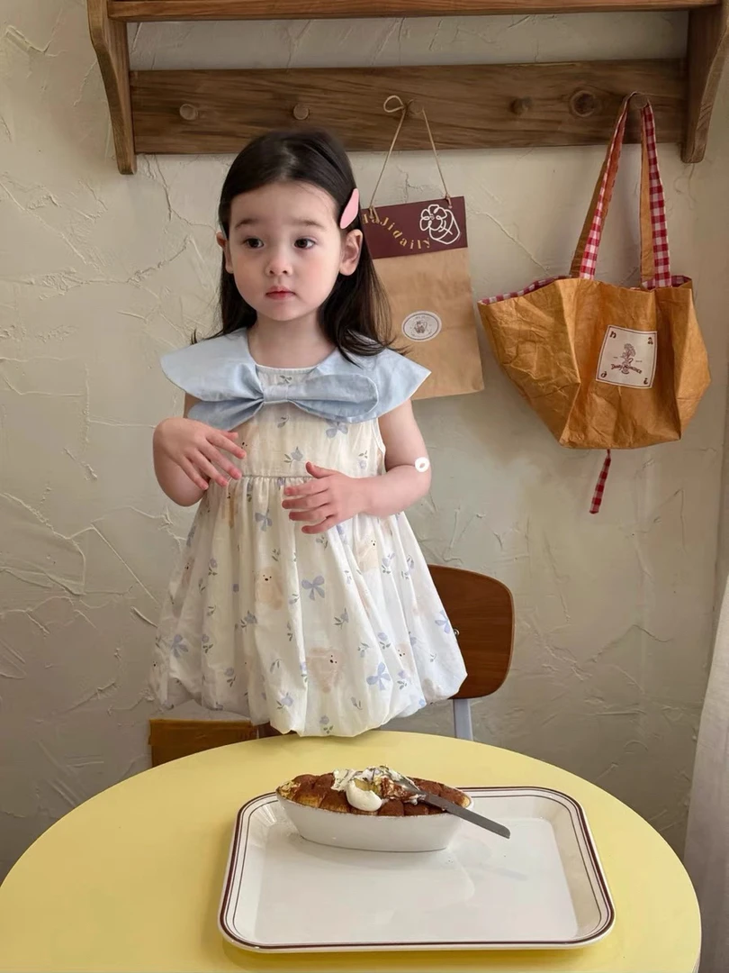 女宝宝甜美连衣裙2025夏季新款韩版洋气时髦碎花娃娃蝴蝶结裙子潮