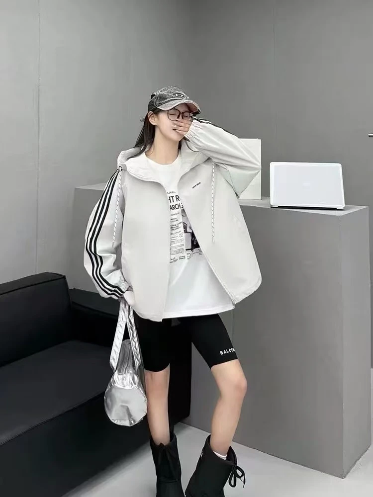KJ6605条纹拼接休闲连帽宽松百搭棉服上衣