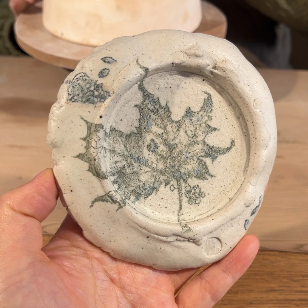 茶盏手捏手绘枫叶壶承茶托内径7
