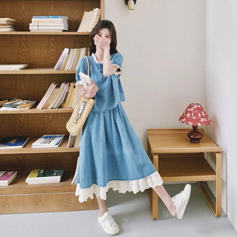 蕾丝拼接牛仔套装裙女夏2025新款设计感超火宽松气质半身裙两件套
