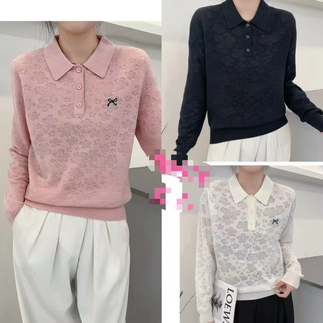 （三妹家）法式优雅气质钩花镂空Polo领长袖宽松女针织衫