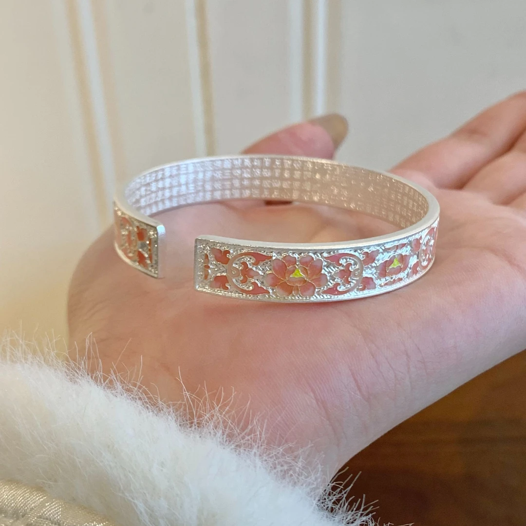 足银珐琅手镯 燕归yangui“粉牡丹”足银999.9  37g 足银手镯