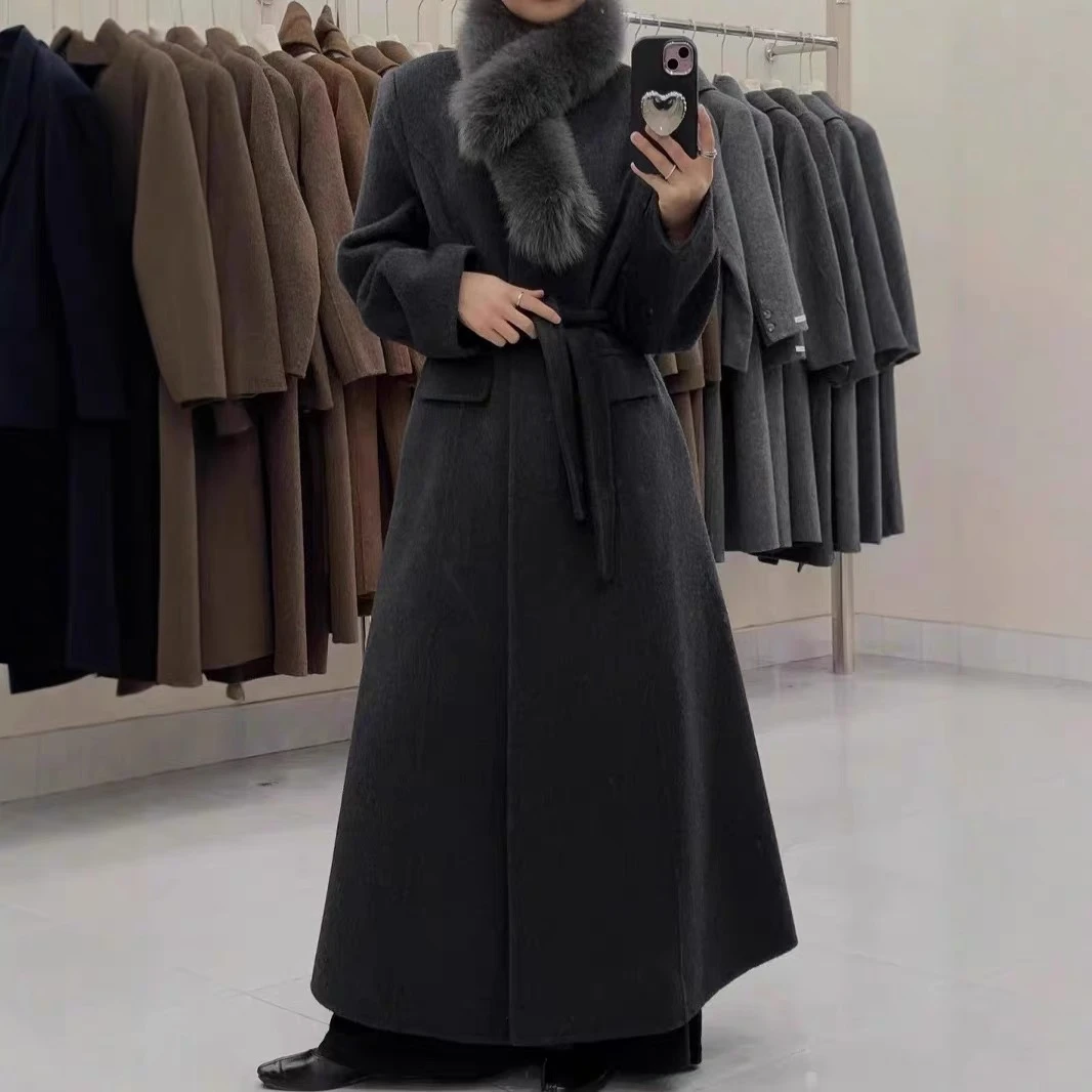 2024冬季高端新品小蛮腰狐狸毛领双面羊毛大衣气质长款羊绒外套女