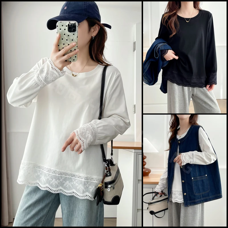 大码女装胖mm宽松显瘦秋季新款长袖拼接蕾丝圆领T恤百搭打底上衣
