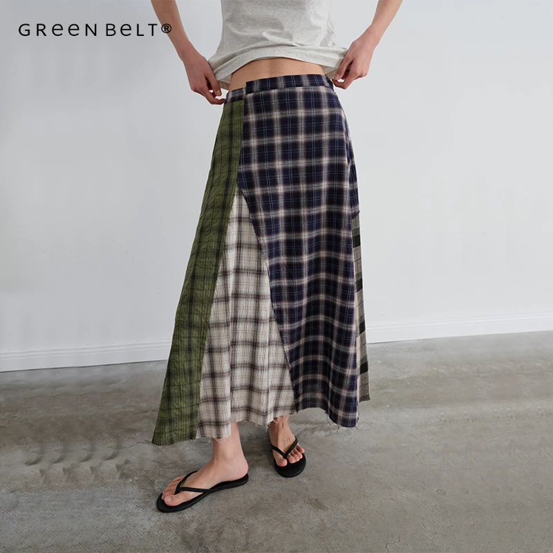 GREEN BELT城市旷野25夏不规则格子拼接半身裙女小众独特A字长裙