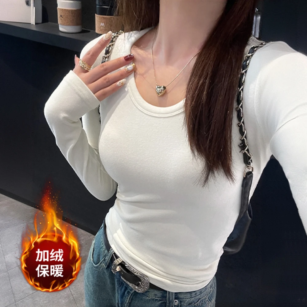白色加绒磨毛打底衫女内搭2026秋冬季新款高级感u领修身长袖上衣