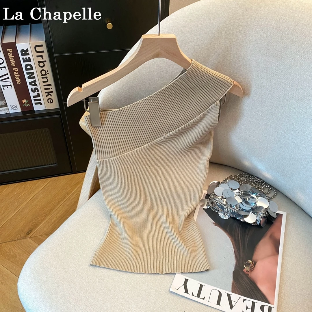 拉夏贝尔高级感斜肩无袖针织背心女夏季新款修身显瘦露肩气质T恤