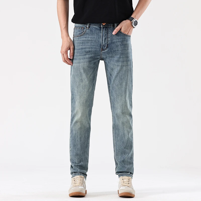 秋季新款高端男士牛仔裤水洗修身直筒舒适透气潮流百搭休闲裤子