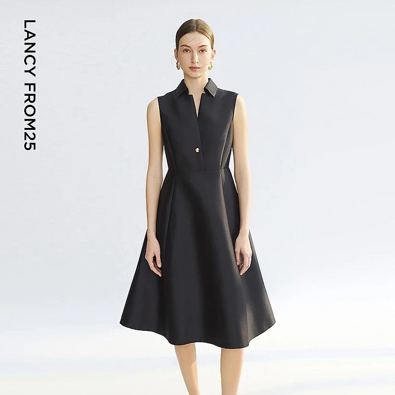 【焦点系列】朗姿2025年夏季新款法式高腰无袖衬衫领气质连衣裙
