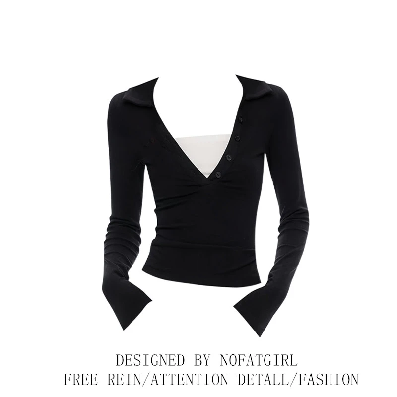 大码胖MM美式复古黑色长袖T恤女秋2025设计感内搭修身打底衫上衣