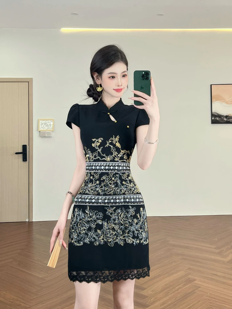 周子仪黑色高定连衣裙女夏季小个子钉珠新中式改良旗袍