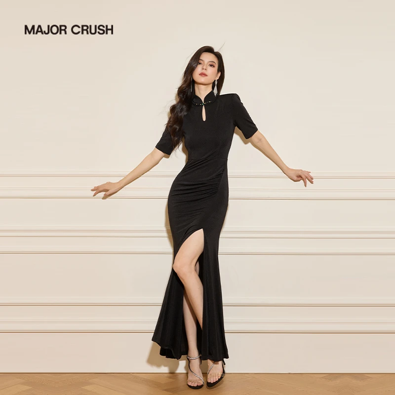 MAJOR CRUSH新款墨染新中式旗袍复古名媛风显瘦黑色连衣裙7232