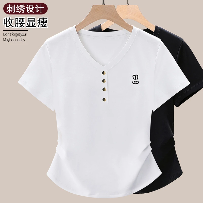 纯色正肩V领百搭短袖T恤女夏掐腰修身显瘦短款兔子刺绣白色上衣