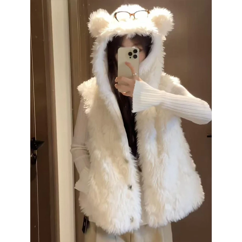 可爱马夹无袖连帽马甲毛毛外套女春秋冬新款宽松坎肩小熊耳朵背心