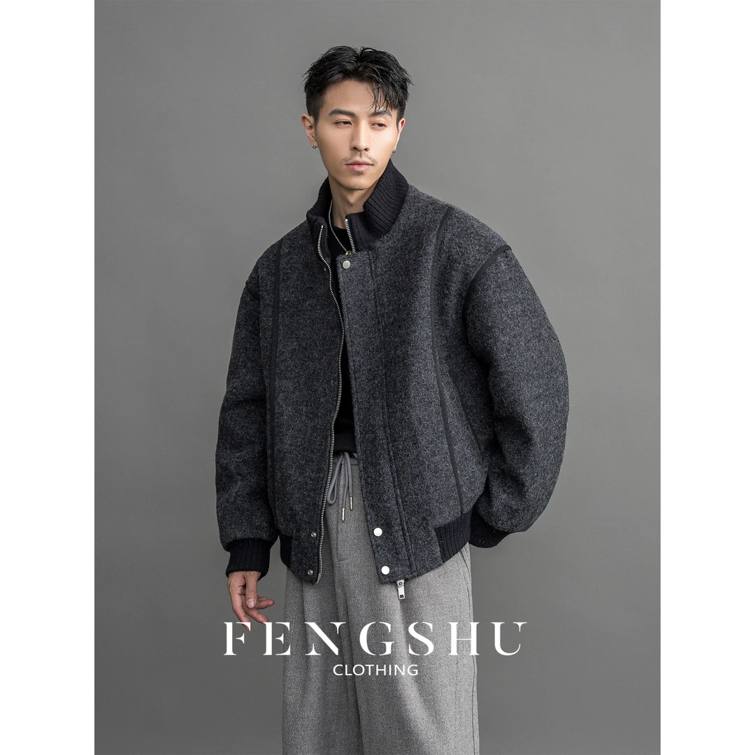 FENGSHU「羊毛呢拼接 白鸭绒」针织立领羽绒外套男冬季宽松毛呢夹克