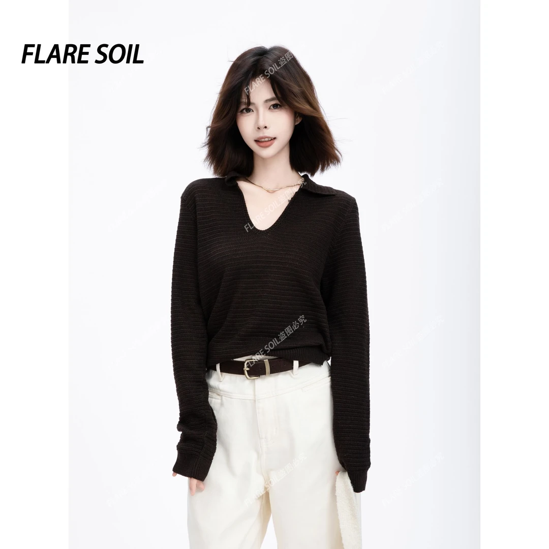 【FLARE SOIL】简约翻V领长袖针织毛衣秋装打底上衣 T4729A