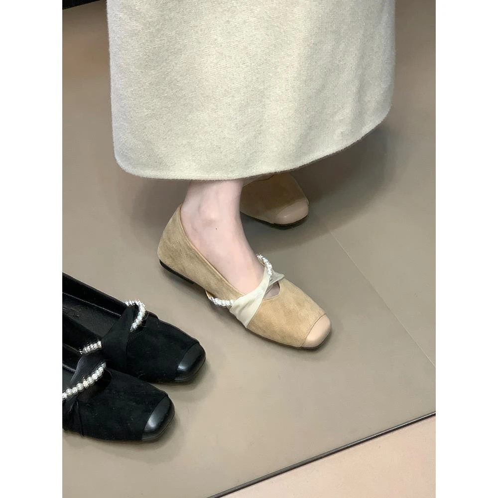 法式绒面玛丽珍鞋方头内增高珍珠链浅口新中式复古单鞋