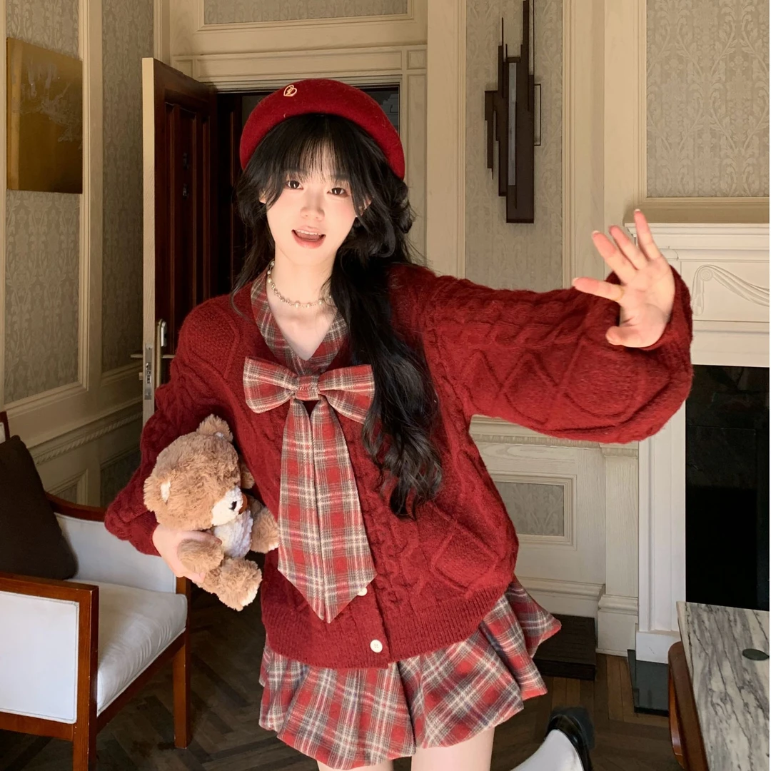 Blovelan枫糖物语 减龄甜美蝴蝶结毛衣+磨毛格纹花苞短裙套装秋冬