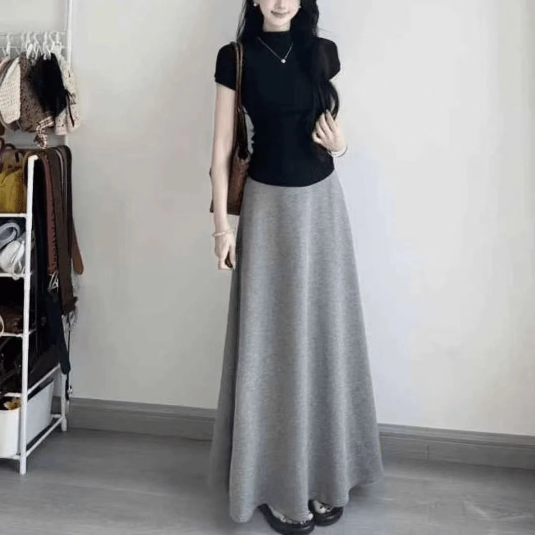 裙子套装女款爆款2025新款纯色休闲百搭宽松遮肚子藏肉显瘦套装