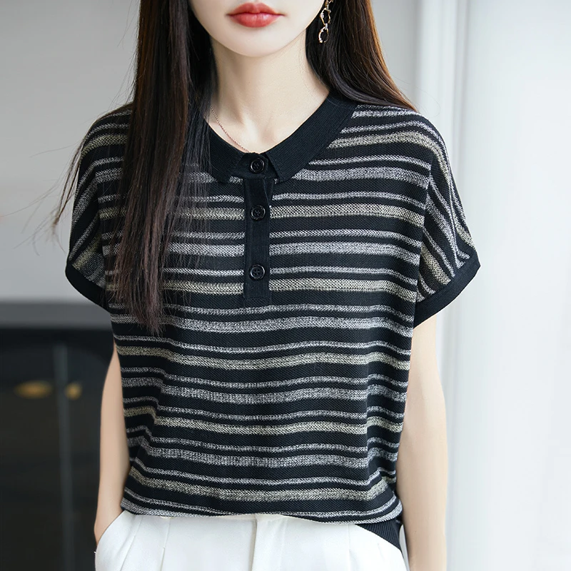 哥弟阿玛施正品夏薄款宽松时尚气质显瘦翻领针织衫T恤上衣短袖女