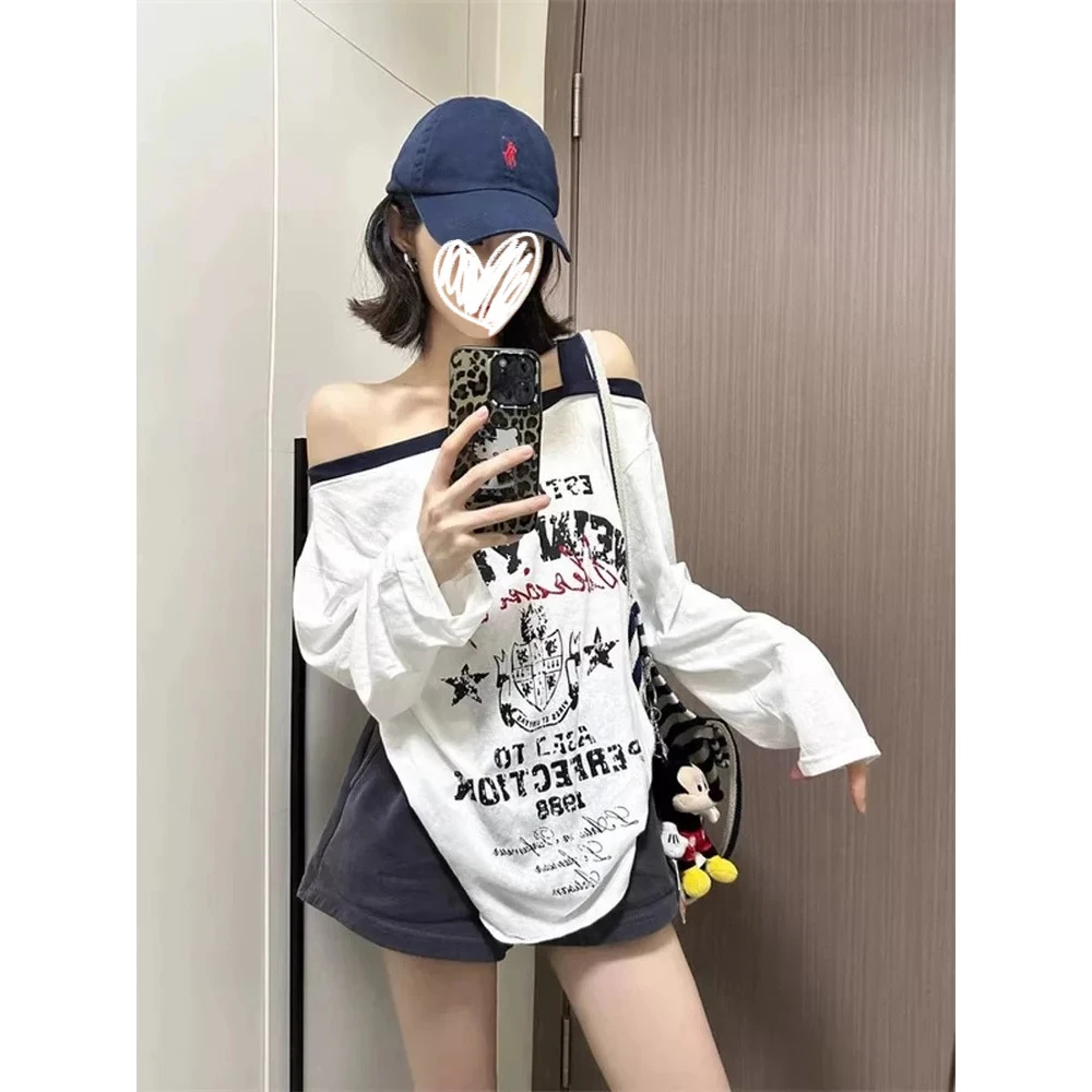 一字领复古字母印花长袖T恤女装秋季防晒罩衫宽松显瘦露肩上衣服