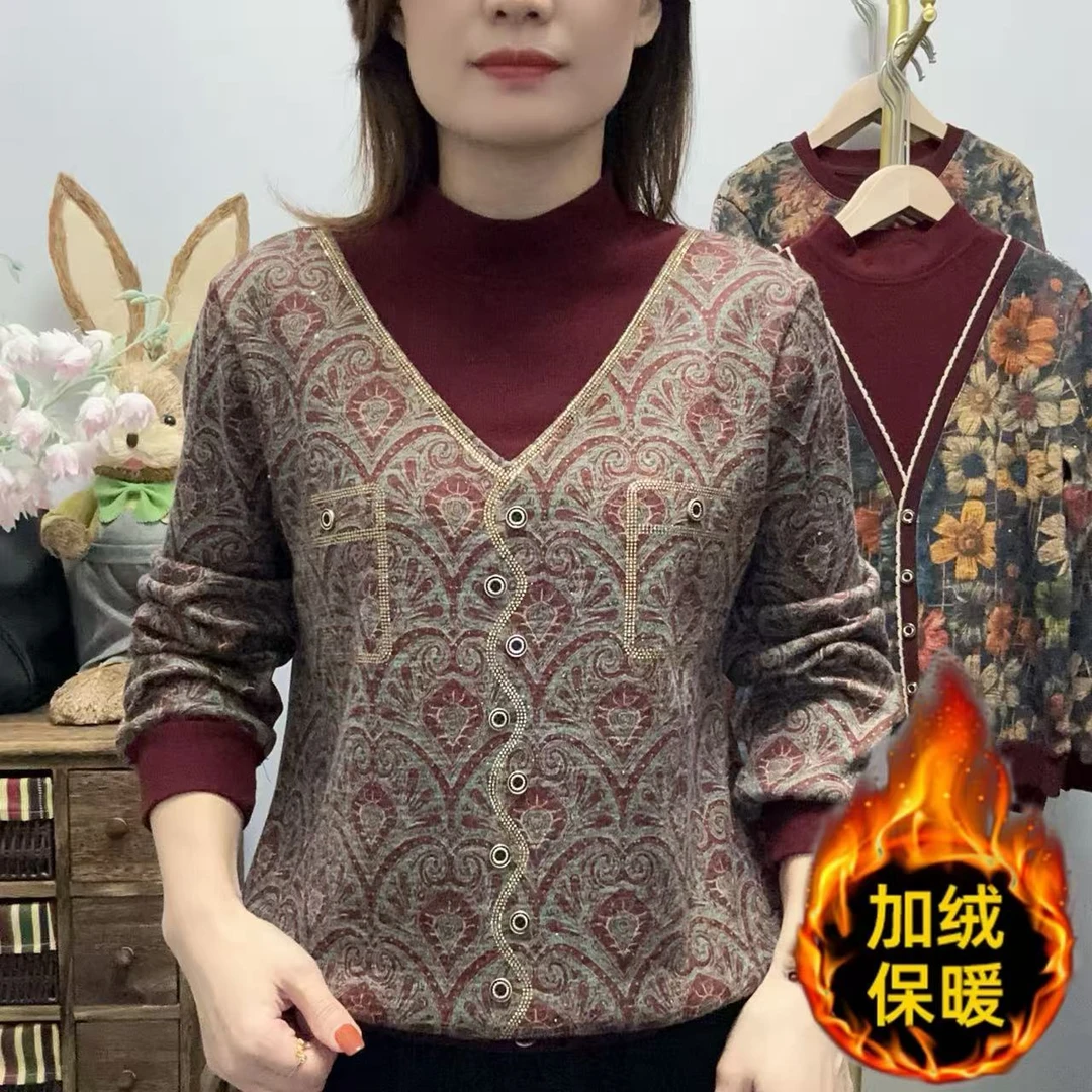 【丽姐家】秋冬加绒加厚中老年加绒假两件女士上衣