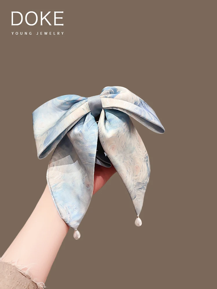 川野缎面油画风蓝色方巾扎高马尾的发饰高级感时尚女发绳不勒头发