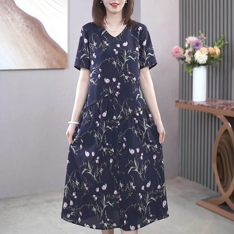 A21750阿吉多夏季连衣裙女今年新款妈妈装加大长裙大码女式碎花裙