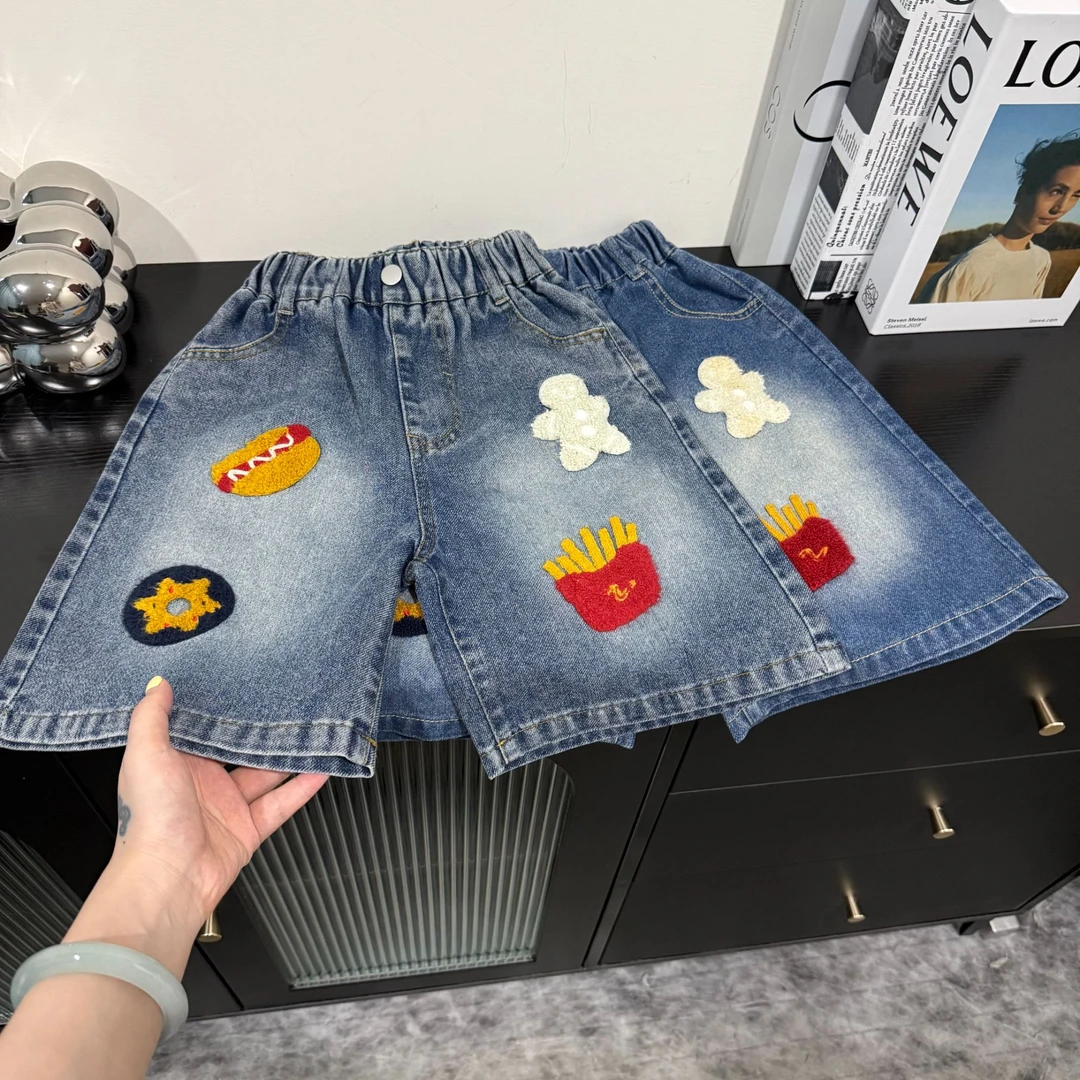 【高品质】夏季爆款亲子装·中大童毛巾绣牛仔短裤牛仔裤