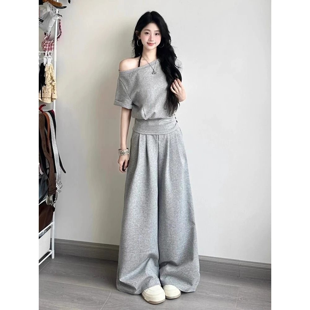 韩系高级感运动套装女夏季收腰显瘦时尚露肩短袖阔腿裤休闲两件套