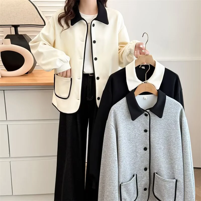 279大码显瘦小香风外套宽松拼色翻领休闲上衣SC