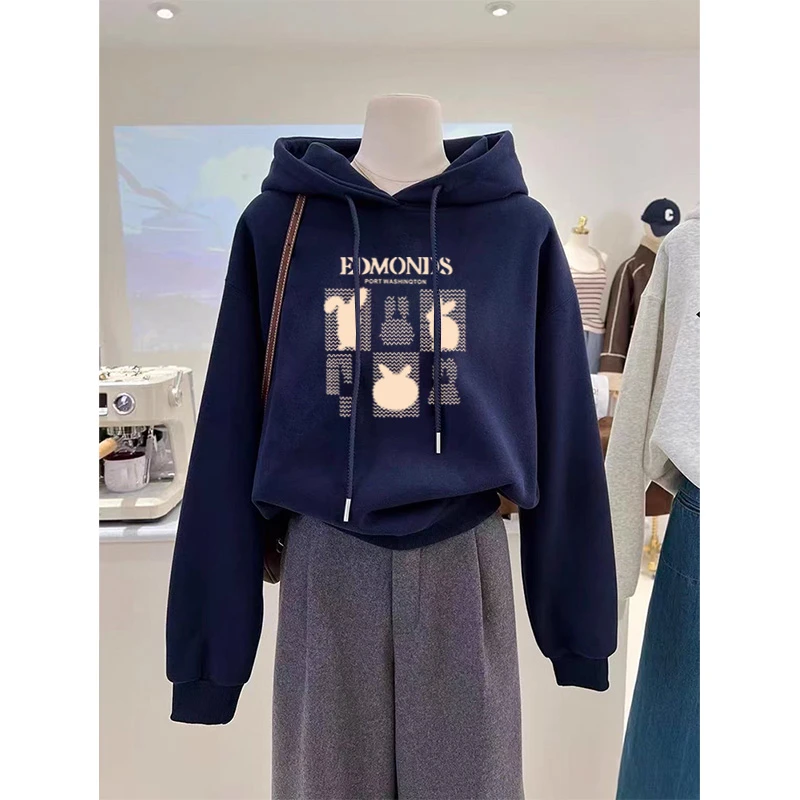 设计感小众秋冬新款2025加绒加厚套头连帽卫衣女短款宽松韩版外套