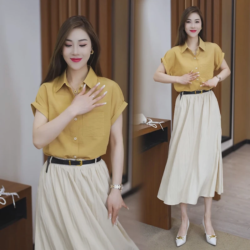 时尚休闲套装女2025夏季新款洋气短袖衬衣半身裙高级感时髦两件套