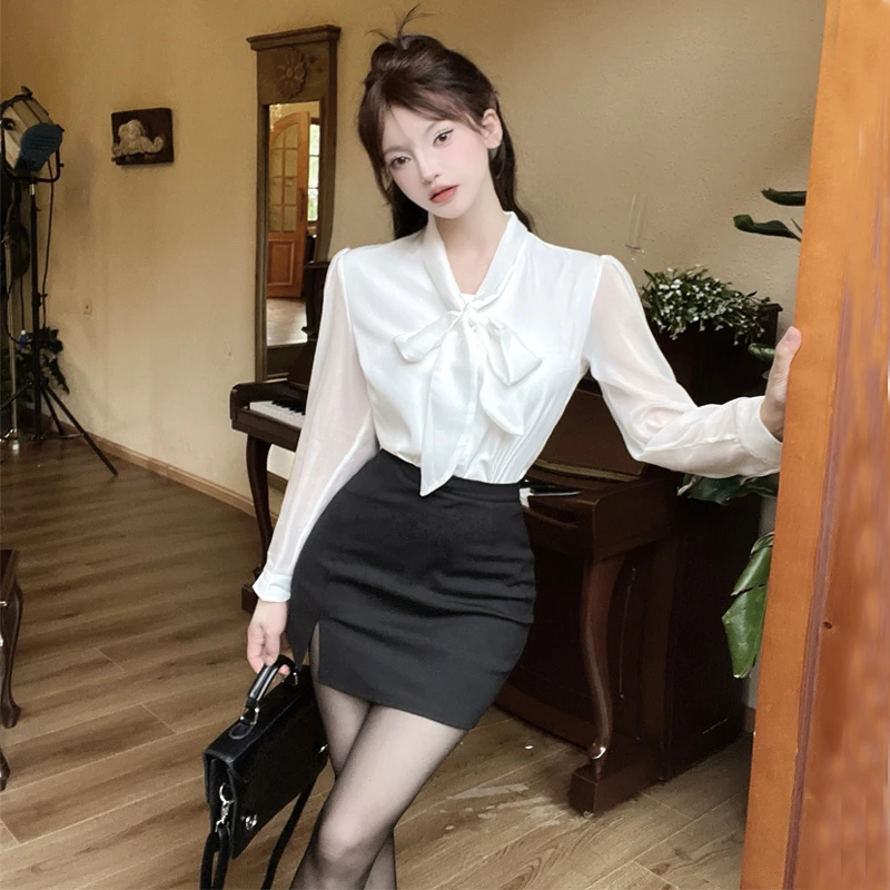 气质V领蝴蝶结长袖衬衣套装女早秋新款高级感开叉包臀短裙两件套