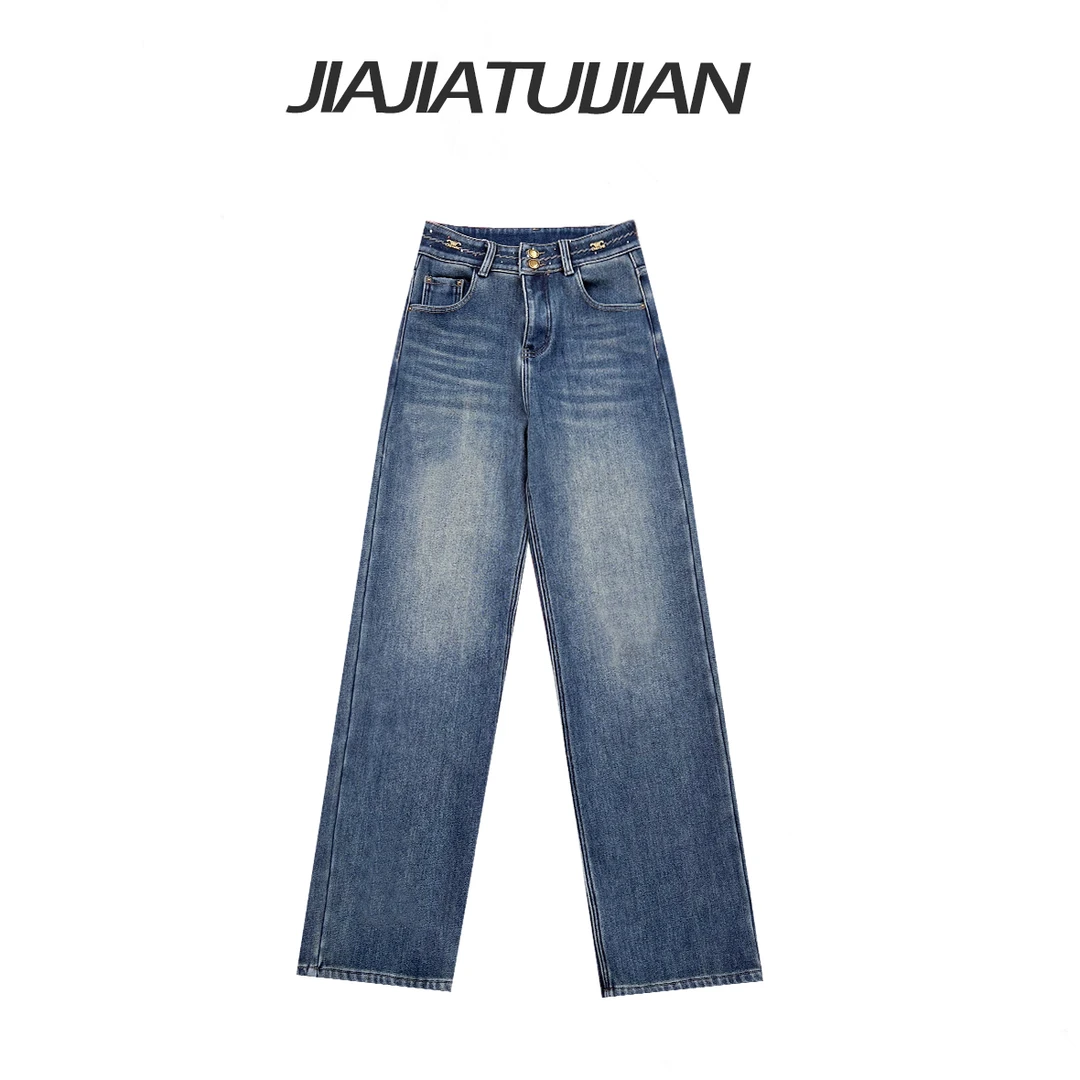 【巴黎街头】手工烫钻高腰复古直筒窄版牛仔裤69169.独