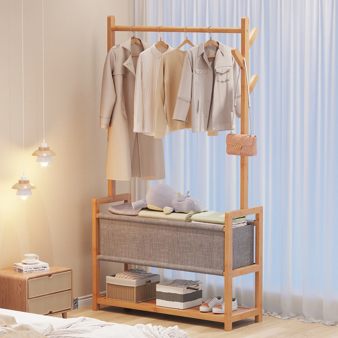 楠竹晾衣架落地简易家用卧室房间室内挂隔夜衣服杆收纳置物衣帽架