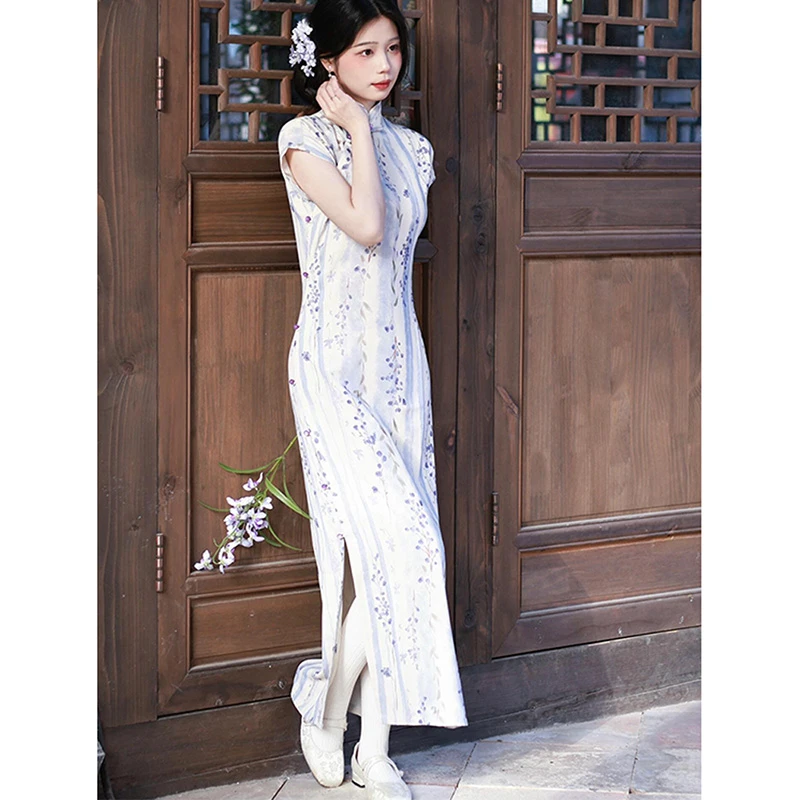 2025夏季新款改良旗袍裙紫藤花温婉气质国风高端连衣裙日常可穿