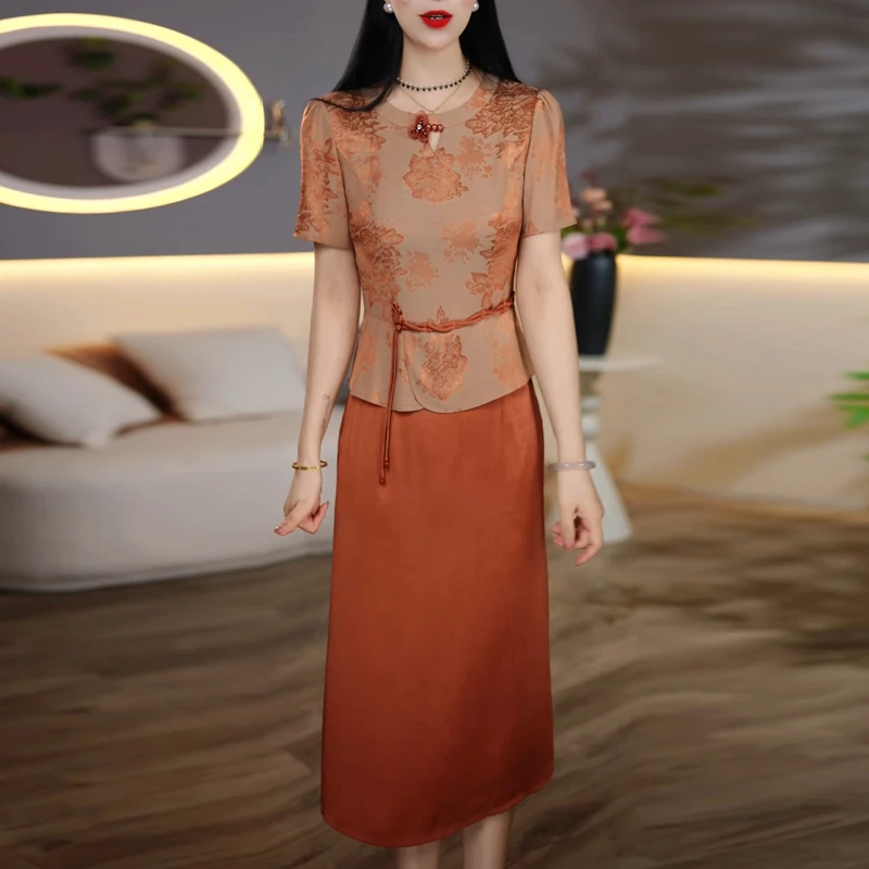 新中式国风连衣裙女2025夏季新款轻奢高级感短袖印花显瘦妈妈裙子