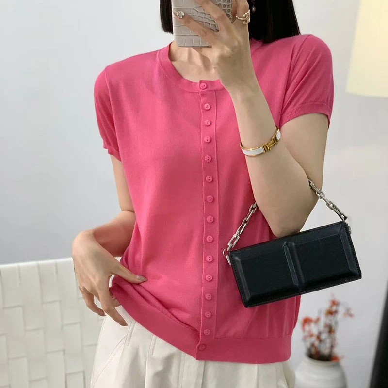 【香嘉怡新品】XJYE9228女士100莱赛尔圆领排扣开衫针织衫显瘦夏季