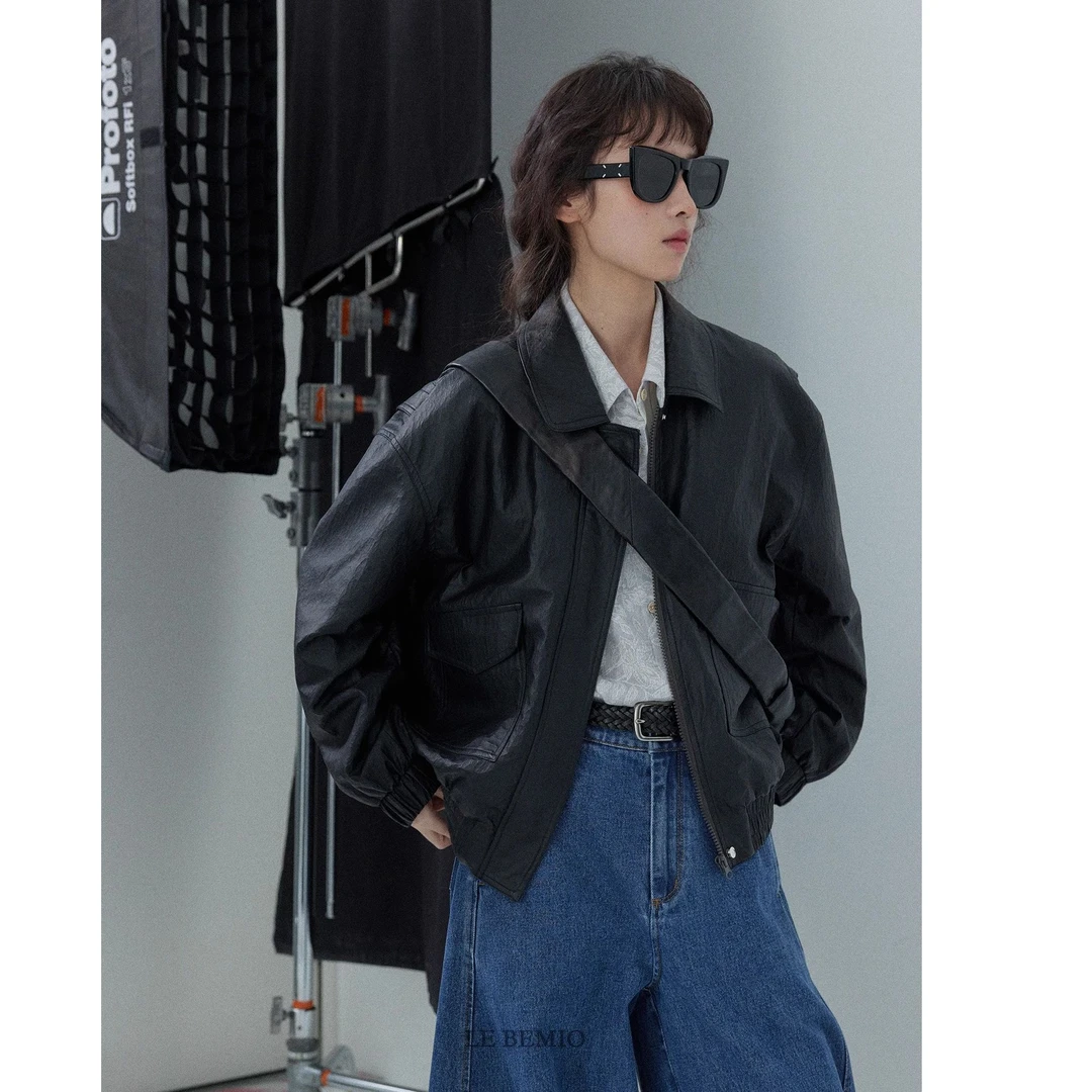 「白描工作间」"曼哈顿暗夜"高级PU肌理皱感黑色皮衣外套