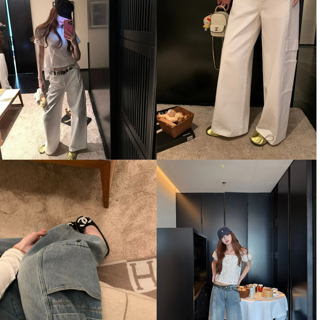 aaaaxbbb 夏夜永昼 蓝/白色大口袋工装牛仔裤女水洗宽松长裤