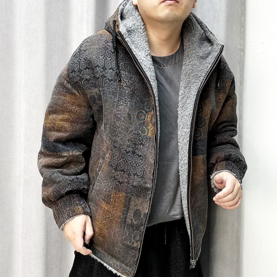 1002-5桑蚕丝100%香云纱后喷羊毛夹克外套连帽男士加厚冬季加绒