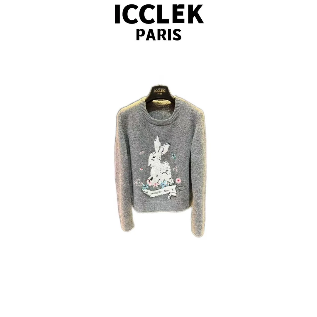 ICCLEK 灰色圆领图案长袖针织衫套头显瘦上衣百搭秋冬时尚-  9449