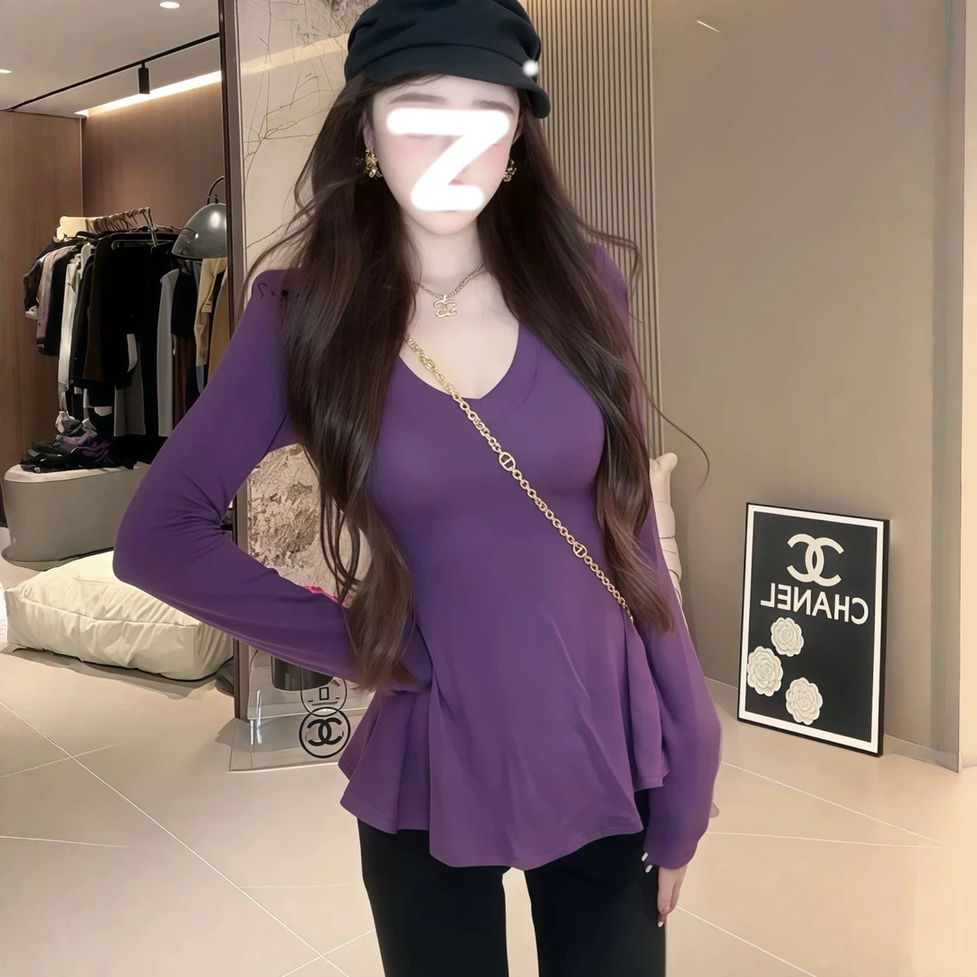 纯欲风性感V领长袖T恤女2025早秋季新款修身显瘦高级感辣妹上衣女