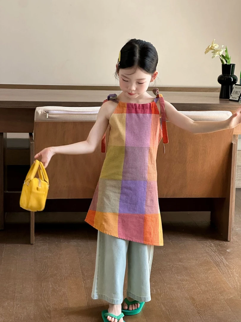 2025夏季新款童装 韩版童装 女童格子吊带背心连衣裙 牛仔裤洋气