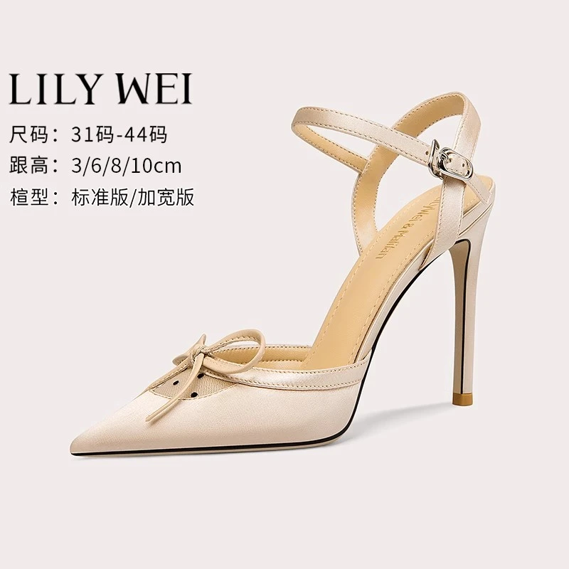 Lily Wei法式优雅蝴蝶结凉鞋2025年夏季新款时装高跟鞋小码313233